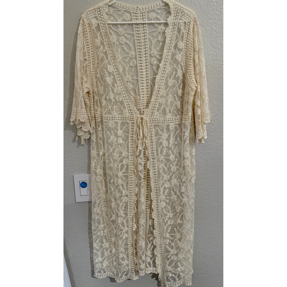 Cream Floral Lace Kimono Duster Cardigan Longline Boho Cover Up Cream Ivory